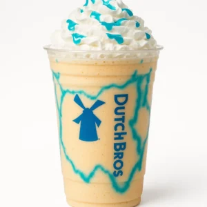 Dutch Bros Coral Reef Shake with orange, vanilla, and blue raspberry drizzle, topped with whipped cream on a white background.