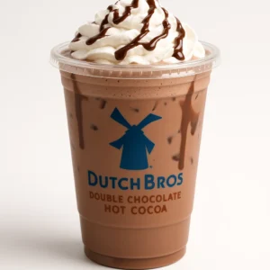 Dutch Bros Double Chocolate Hot Cocoa with whipped cream and chocolate drizzle on white background