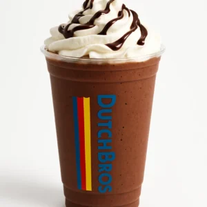 Dutch Bros Double Chocolate Mocha blended drink with whipped cream and chocolate drizzle in a clear branded cup, on white background.

