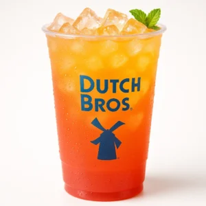 Dutch Bros Double Rainbro iced drink with coconut, peach, strawberry, and lemonade

