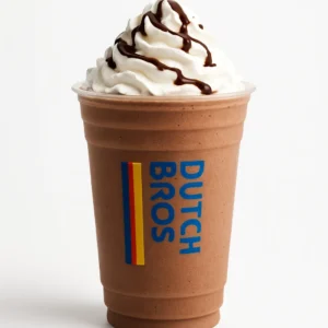Dutch Bros Double Torture blended espresso drink with whipped cream in a clear branded cup, isolated on white background.

