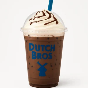 Dutch Bros Double Torture iced espresso mocha in clear branded cup with soft top and chocolate drizzle on a white background

