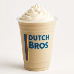 Dutch Bros Dream Weaver blended drink with whipped cream in a clear branded cup, on a white background.

