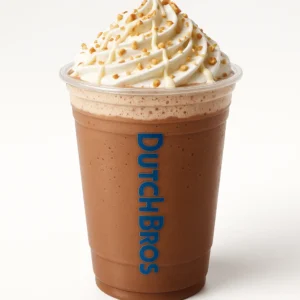 Dutch Bros Dream Weaver Hot Cocoa with hazelnut, white chocolate, whipped cream, and hazelnut garnish on white background