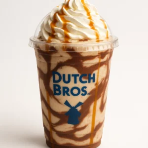 Dutch Bros Dutch Canyon Shake with white and dark chocolate, chocolate macadamia nut, and caramel drizzle on a white background.