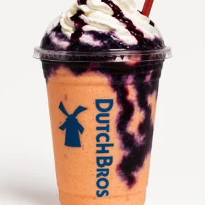 Dutch Bros Eclipse Shake with peach, passion fruit, blackberry, and blue raspberry on a white background.
