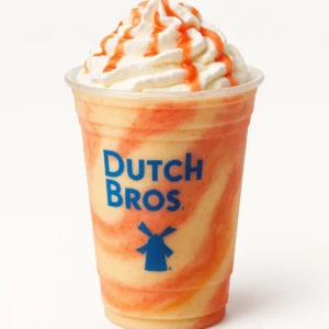 Dutch Bros Fire Lizard Shake with strawberry, banana, and orange on a white background.