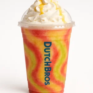 Dutch Bros Galaxy Fish Shake with strawberry, lime, and passion fruit on a white background.