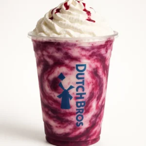 Dutch Bros Gem Berry Shake with blackberry, vanilla, and raspberry on a white background.