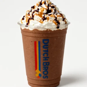 Dutch Bros German Chocolate blended drink with whipped cream, caramel and chocolate drizzle, and coconut sprinkles in a clear branded cup on a white background.


