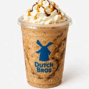 Dutch Bros German Chocolate Shake with caramel, coconut, and dark chocolate on a white background.