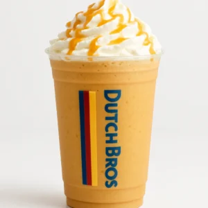 Dutch Bros Golden Eagle blended caramel espresso drink with whipped cream in a clear branded cup, on white background.

