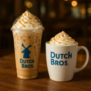 Dutch Bros Golden Eagle chai tea breve with vanilla and caramel drizzle, served hot and iced with whipped cream.

