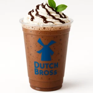Dutch Bros Grasshopper Hot Cocoa with dark chocolate, creme de menthe, whipped cream, chocolate drizzle, and mint garnish on white background