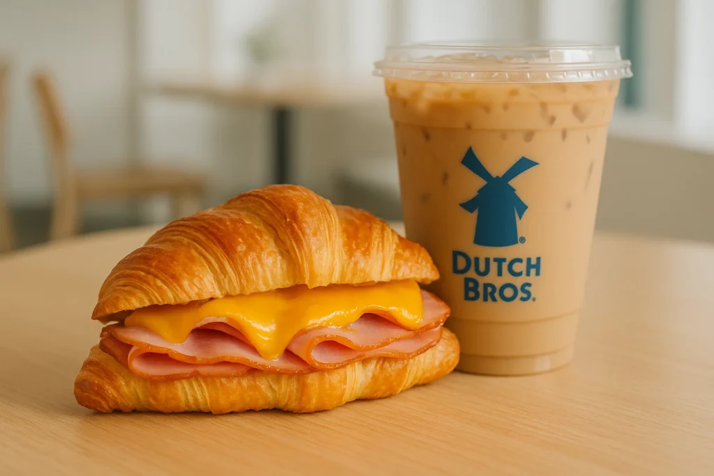 Golden ham and cheese croissant served with Dutch Bros iced coffee on a modern café table, a premium breakfast combo.