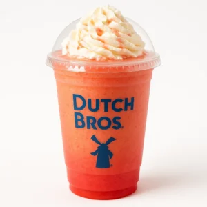 Dutch Bros Hyperchrome Shake with orange, passion fruit, and pomegranate on a white background.