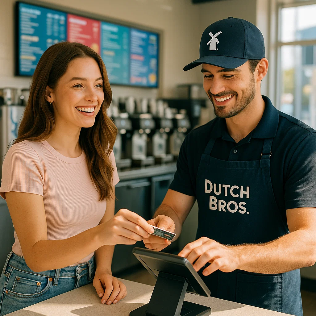 Smiling American woman paying with cash bills to friendly Dutch Bros cashier in a cozy, well-lit coffee shop.