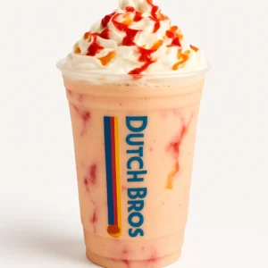 Dutch Bros Jelly Donut blended drink with whipped cream, raspberry and caramel drizzle in a clear branded cup, on white background.

