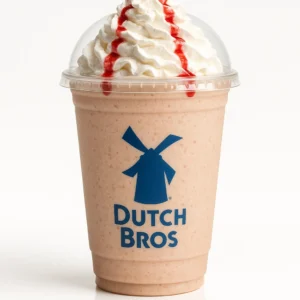 Dutch Bros Jelly Donut Shake with salted caramel, raspberry, and almond on a white background.