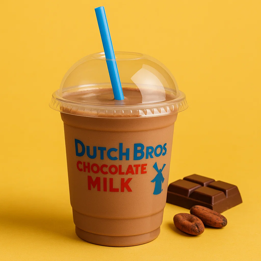 Dutch Bros Kids Chocolate Milk served in a kid-sized clear cup with a straw.