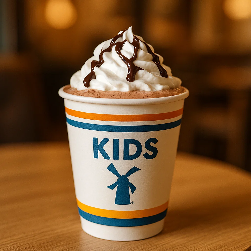 Dutch Bros Kids Hot Cocoa topped with whipped cream and chocolate drizzle.