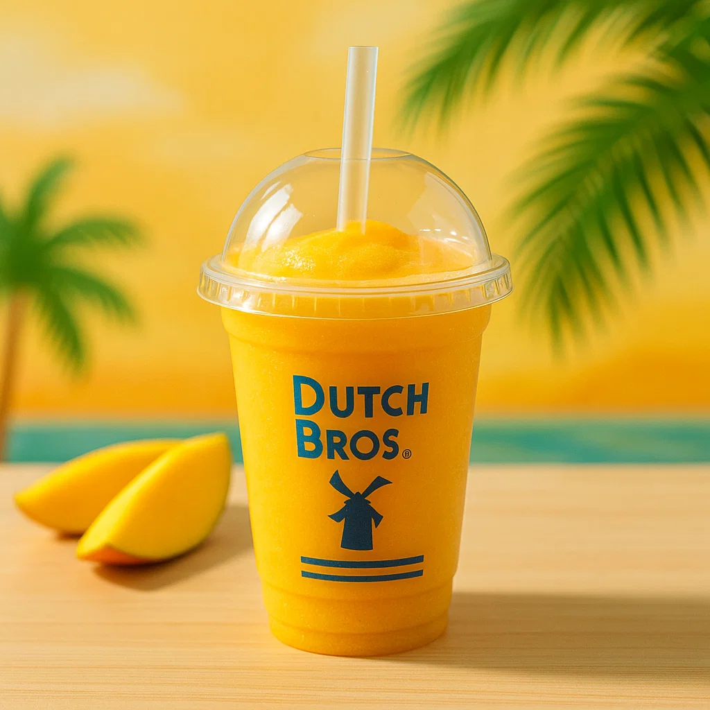 Dutch Bros Kids Mango Smoothie served in a clear cup with a bright tropical vibe.