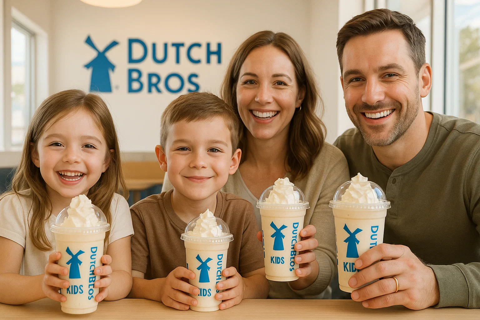 Kids and parents enjoying Dutch Bros kids menu drinks together inside a cozy Dutch Bros cafe in 2025