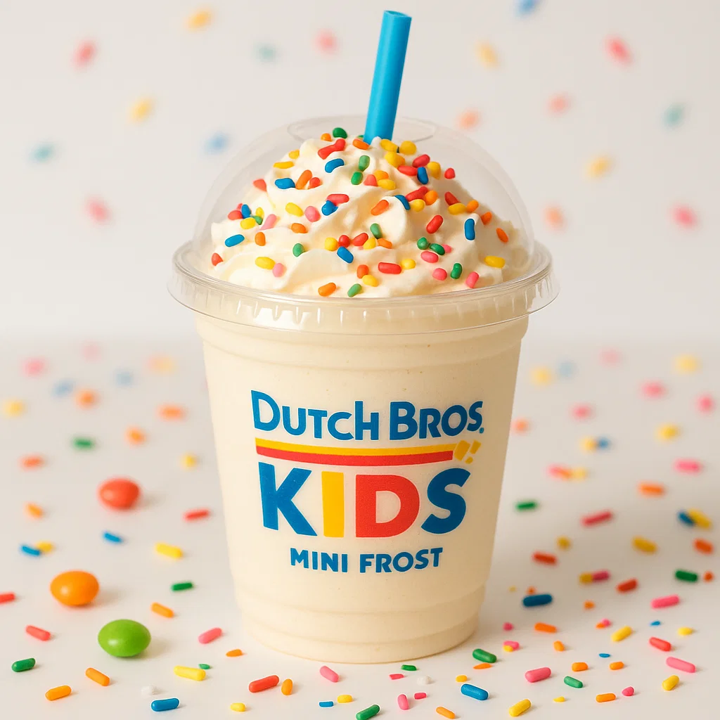 “Dutch Bros Kids’ Mini Frost in a small clear cup with straw, topped with colorful sprinkles.”