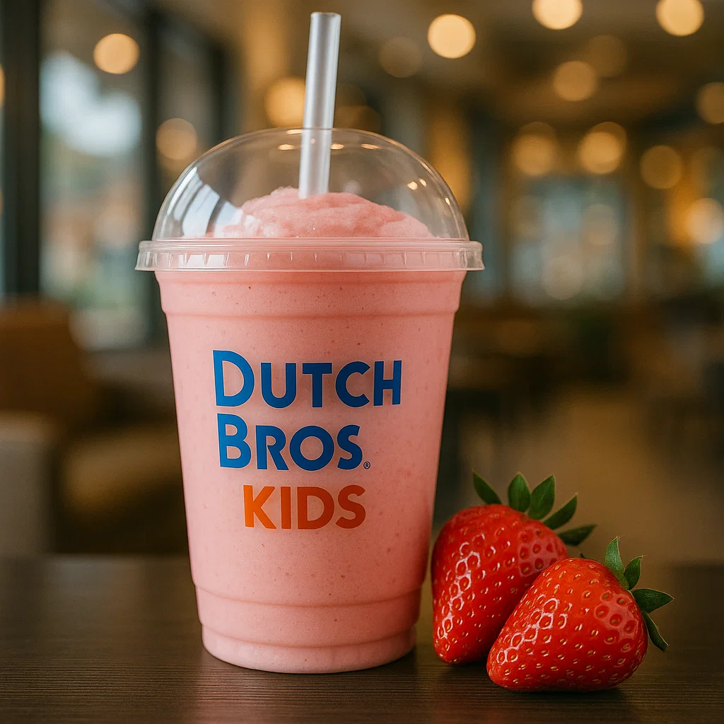 Dutch Bros Kids’ Strawberry Smoothie served in a clear plastic cup with a dome lid and straw, placed in a cozy Dutch Bros café setting.