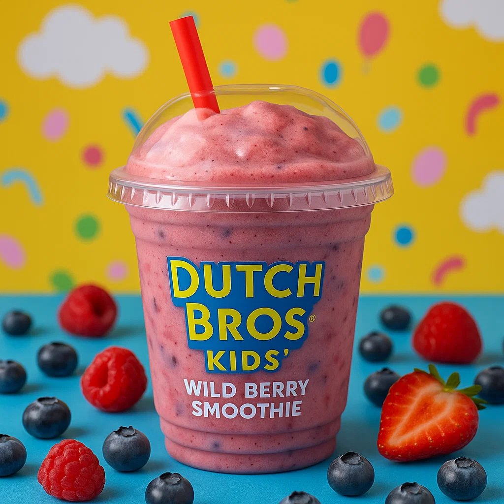 Dutch Bros Kids’ Wild Berry Smoothie in a clear plastic cup with straw, surrounded by fresh berries.