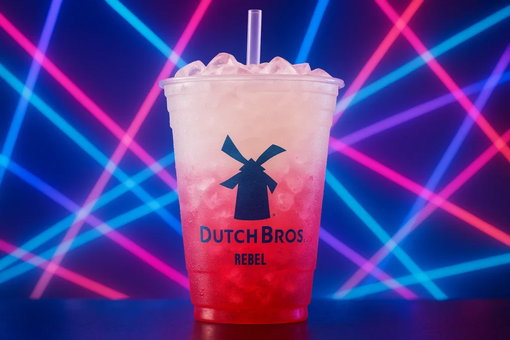 Dutch Bros Laser Cat Rebel secret menu drink with raspberry and coconut syrups over Rebel energy base.
