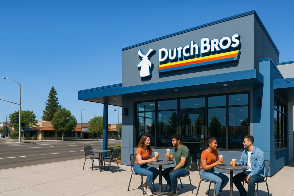 Ultra-wide view of a Dutch Bros coffee shop exterior on a sunny day with customers enjoying drinks outside.

