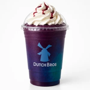 Dutch Bros Majestic Forest Shake with blackberry, blue raspberry, and kiwi on a white background.