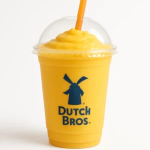 Dutch Bros Mango Smoothie in a clear plastic cup with dome lid and straw on a pure white background.