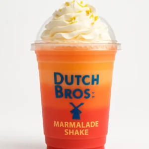 Dutch Bros Marmalade Shake with strawberry, orange, and grapefruit on a white background.