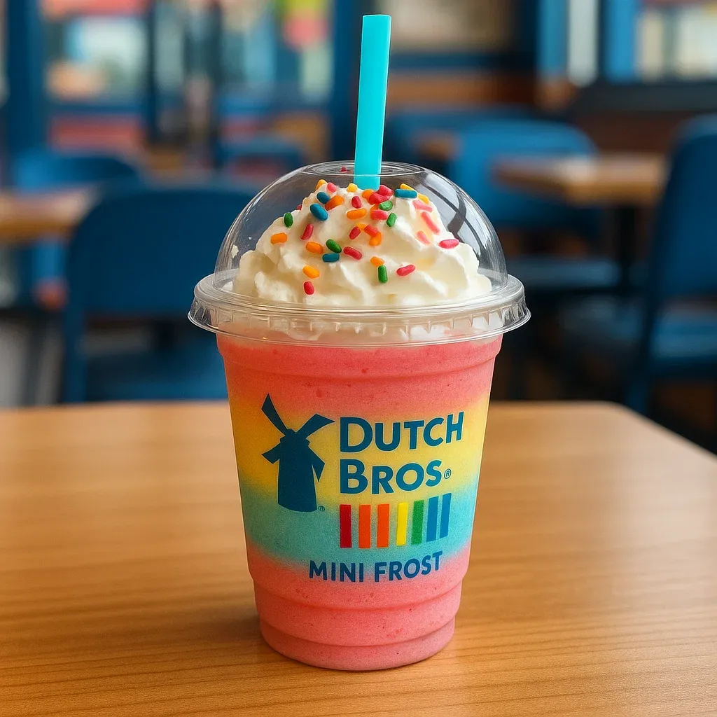 "Dutch Bros Mini Frost kids’ favorite sweet frozen drink with whipped cream and sprinkles served in a fun cup."