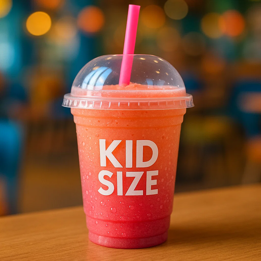Dutch Bros Mini Smoothies in a kid-sized cup, fruity and colorful blended drink with a dome lid and straw.