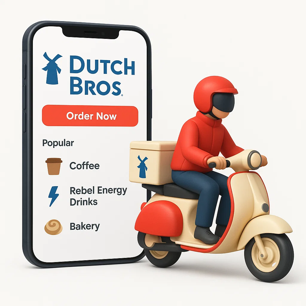 3D illustration of a modern smartphone displaying Dutch Bros mobile app menu with a red order button, accompanied by a delivery rider on a cream-red scooter branded with Dutch Bros logo, on a white background.