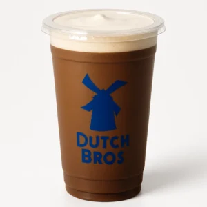Dutch Bros Mocha in a clear plastic cup with chocolate tone on a white background