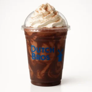 Dutch Bros Molten Lava Shake with cinnamon and dark chocolate on a white background.