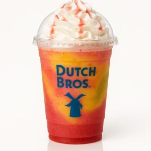 Dutch Bros Palm Tree Shake with pomegranate, passion fruit, and lime on a white background.