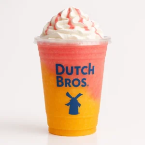 Dutch Bros Passion Water Shake with passion fruit and watermelon on a white background.