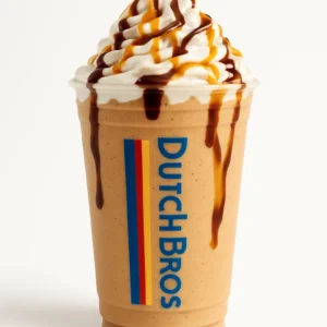Dutch Bros Picture Perfect Freeze blended coffee drink with caramel and chocolate drizzle, topped with whipped cream, on white background.

