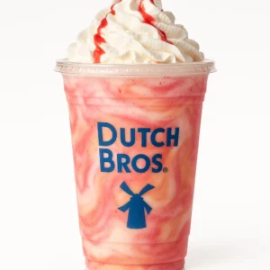 Dutch Bros Pink Flamingo Shake with peach, strawberry, and white chocolate on a white background.