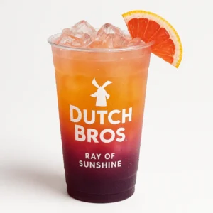 Dutch Bros Ray of Sunshine drink with blackberry, peach, and grapefruit flavors

