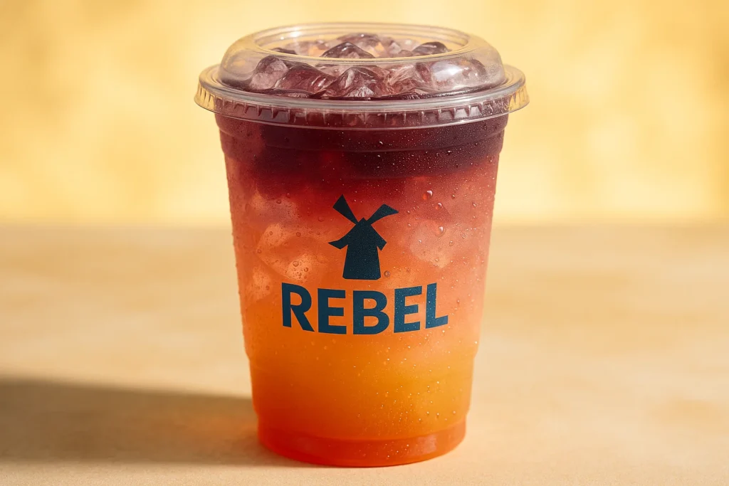 Ray of Sunshine Rebel Dutch Bros secret menu drink with blackberry, peach, and grapefruit flavors.