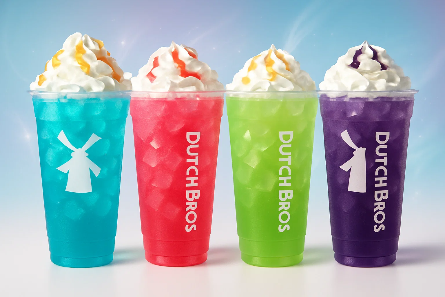 Colorful Dutch Bros Rebel energy drinks in official logo cups with whipped cream and stylish pastel background.
