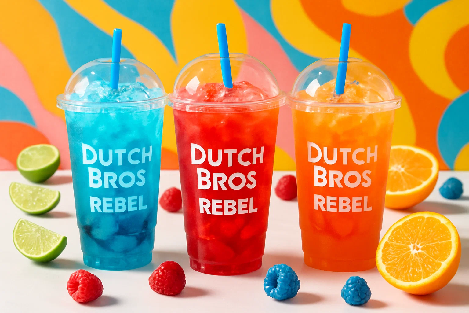 Three vibrant Dutch Bros Rebel energy drinks in clear cups with colorful fruit syrup swirls, surrounded by fresh limes, raspberries, oranges, and blue raspberries on a bright, summery white tabletop.
