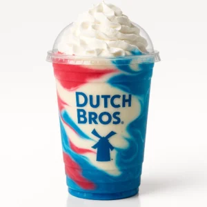 Dutch Bros Red, White & Blue Shake with raspberry, blue raspberry, and white chocolate on a white background.