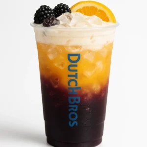 Dutch Bros Rocky Point drink with blackberry, peach, coconut, and orange flavors

